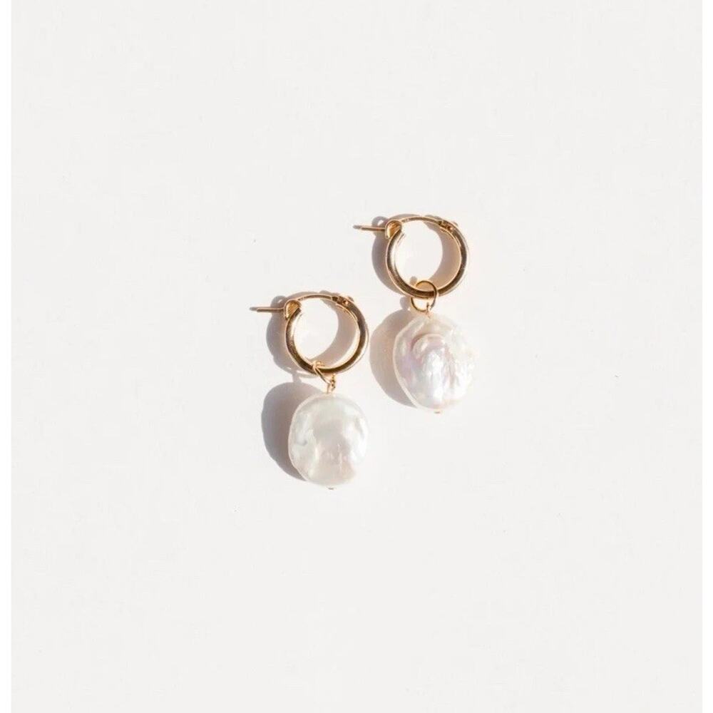 Our Spare Change Isla Earrings 18k Gold Plated Brass Hoops freshwater pearls